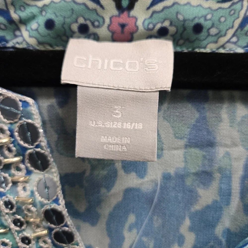 Chicos Embellished Tunic Coastal Sheer‎ Sz 3 16/18 Turquoise Blue Paisley Animal
